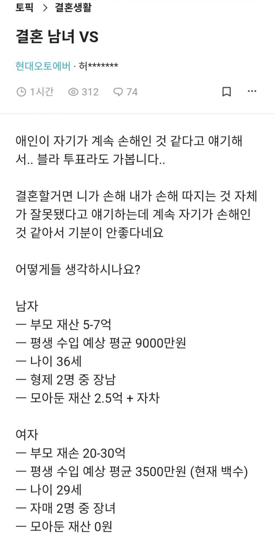 여자가 손해보는 결혼