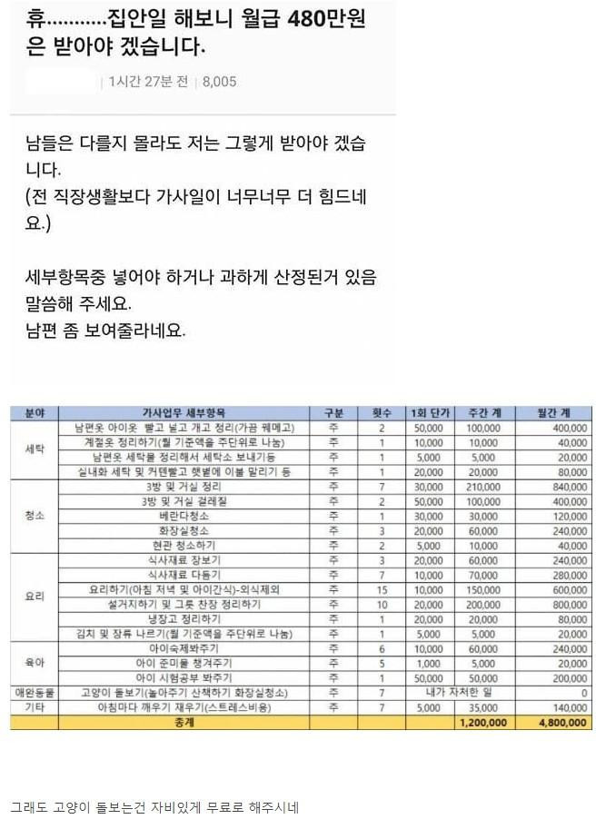 집안일 해보니 월급 480만원 받아야겠어요