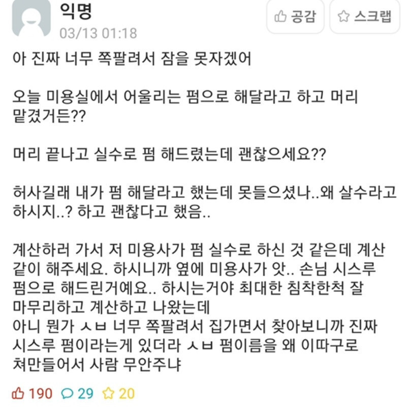 미용실에서 실수로 펌 한 에타인