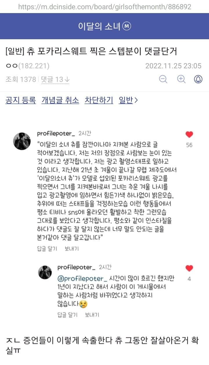 츄 관련 이달의소녀 갤러리에 올라온 증언들