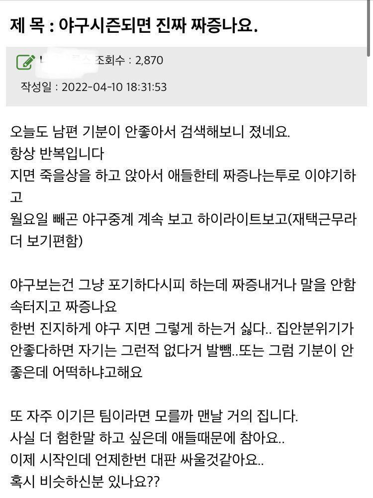 남편이 야구 보는 게 짜증나는 와이프