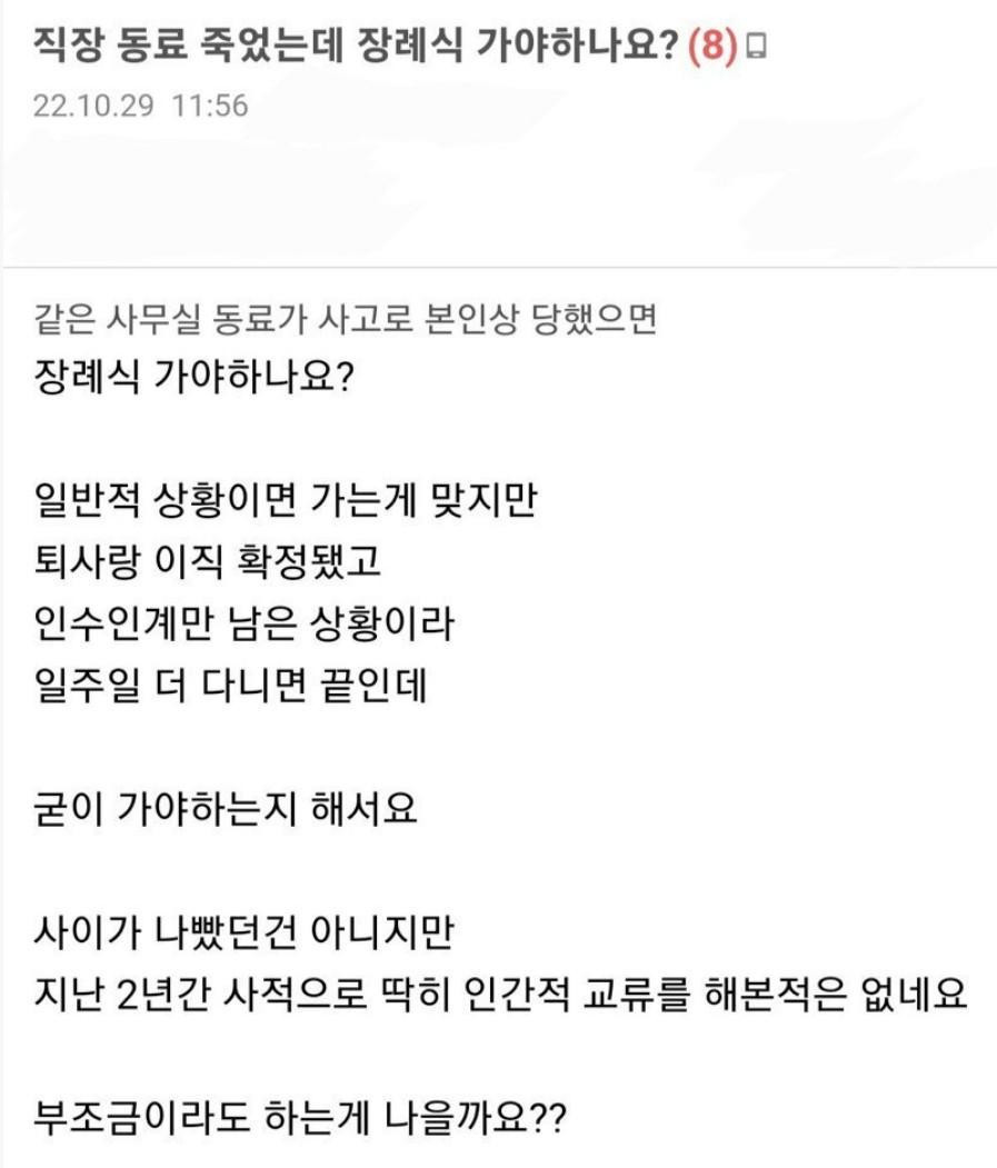 직장 동료 죽었는데 장례식 가야하나요?