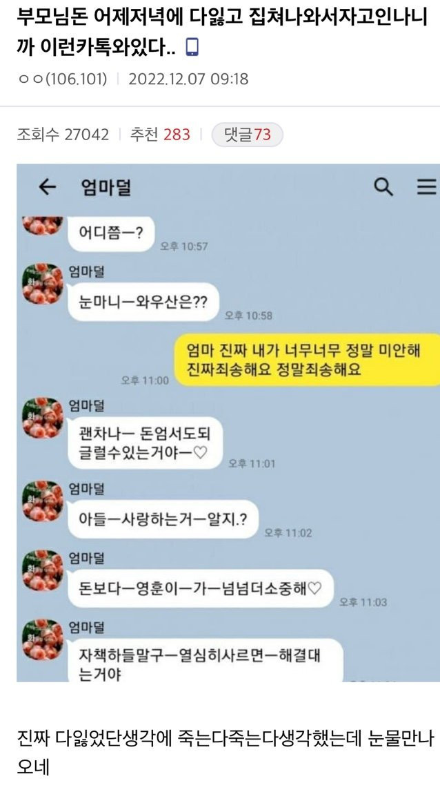 부모님 돈 다 잃고 집 나와서 자고 일어나니 이런 카톡이..