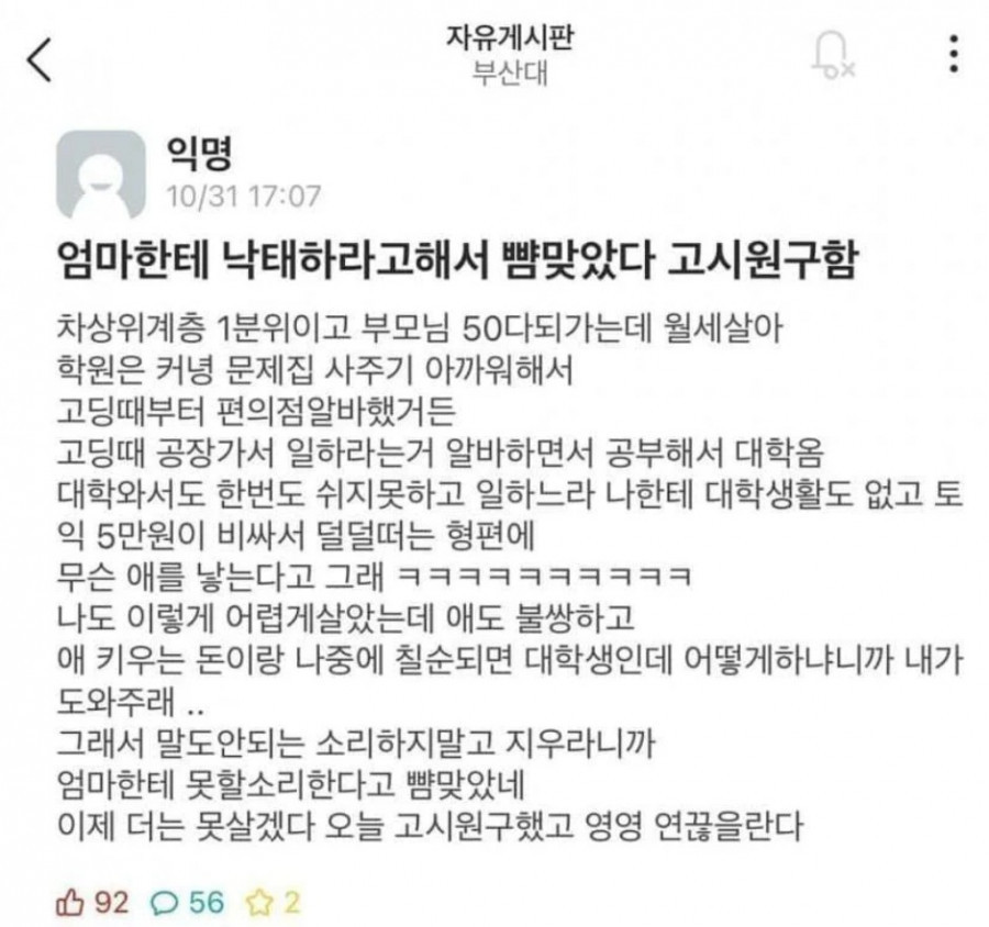 엄마한테 낙태하라고 해서 뺨맞았다